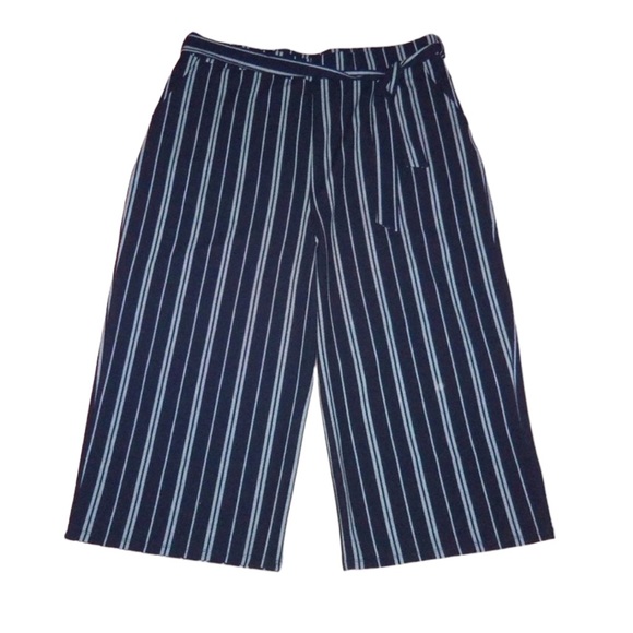Amanda Green Belted High Waist Navy White Striped Wide Leg Cropped Pants XXL NWT - Picture 1 of 7
